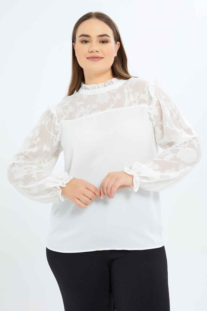 Redtag-Women-Ivory-Jacquard-Yoke-&-Sleeve-Detail-Blouse-Category:Blouses,-Colour:Ivory,-Deals:New-In,-Filter:Plus-Size,-LDP-Blouses,-New-In-LDP-APL,-Non-Sale,-S23B,-Section:Women-Women's-