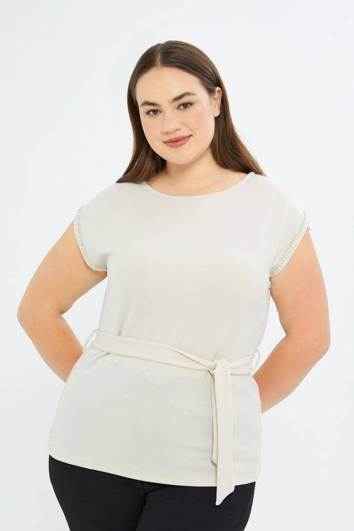 Redtag-Women-Cream-Belted-Jersey-Top-With-Embellished-Sleeve-Tape-Category:Tops,-Colour:Cream,-Deals:New-In,-Event:,-Filter:Plus-Size,-H1:LWR,-H2:LDP,-H3:JYT,-H4:CJT,-LDP-Tops,-New-In-LDP-APL,-Non-Sale,-Promo:,-RMD,-S23B,-Season:S23C,-Section:Women-Women's-