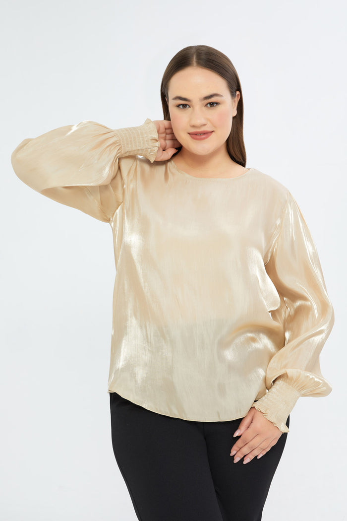Redtag-Women-Shimmery-Gold-Satin-Blouse-With-Smocked-Cuffs-Category:Blouses,-Colour:Gold,-Deals:New-In,-Event:,-Filter:Plus-Size,-H1:LWR,-H2:LDP,-H3:BLO,-H4:CBL,-LDP-Blouses,-New-In-LDP-APL,-Non-Sale,-Promo:,-RMD,-S23B,-Season:S23C,-Section:Women-Women's-