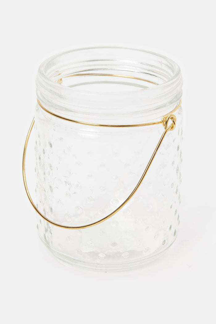 Redtag-Clear-Dotted-Jar-Glass-Candle-Holder-With-Gold-Handle-(L)-Category:Candles-&-Fragrances,-Colour:White,-Deals:New-In,-Filter:Home-Decor,-H1:HMW,-H2:HOM,-H3:DEA,-H4:DCA,-HMW-HOM-Decorative-Accessories,-HMWHOMDEADCA,-New-In-HMW-HOM,-Non-Sale,-ProductType:Candle-Holder,-Promo:RIVA,-RMD,-S23C,-Season:S23C,-Section:Homewares,-Style:ACCENT-T-LIGHT-Home-Decor-