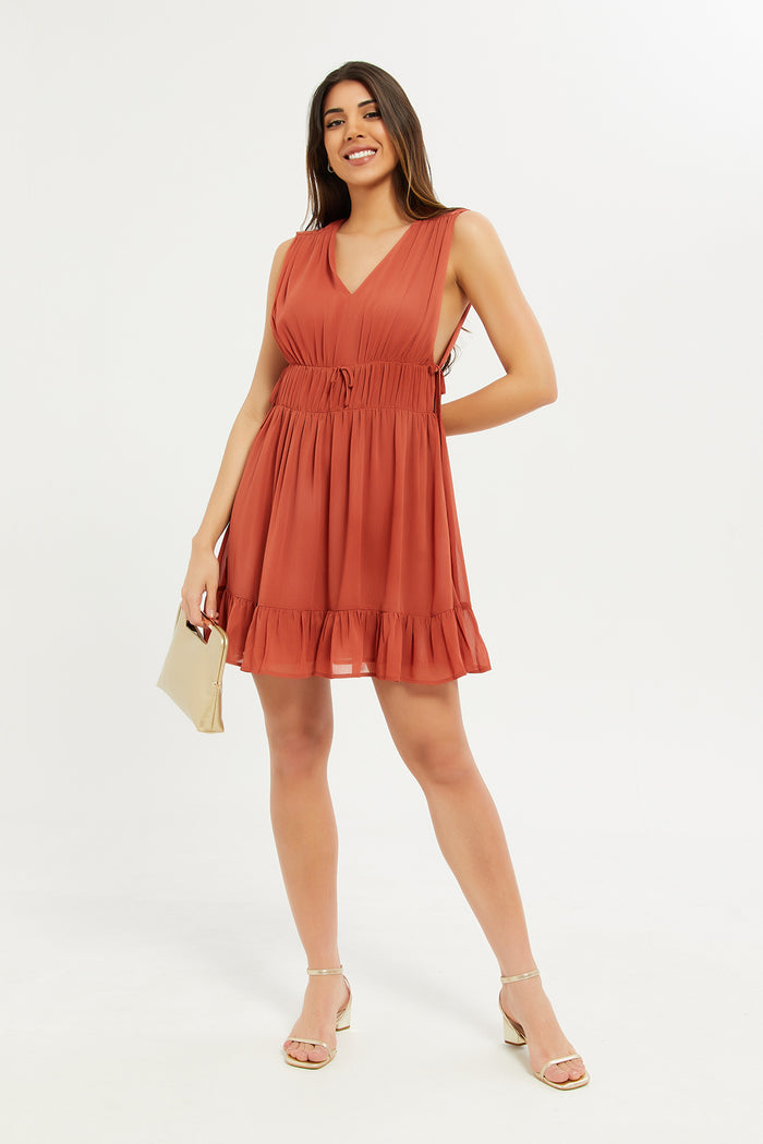 Redtag-Women-Rust-Crinkle-V-Neck-Dress-Category:Dresses,-Colour:Brown,-Deals:New-In,-Filter:Women's-Clothing,-H1:LWR,-H2:LAD,-H3:DRS,-H4:CAD,-New-In-Women-APL,-Non-Sale,-Occasion:Party-Dress,-S23C,-Season:W23O,-Section:Women,-Women-DressesDress-Size:Short-Dress-Women's-