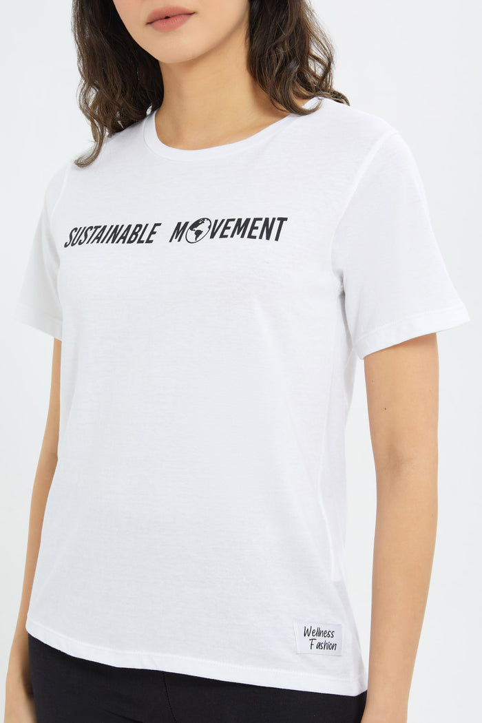 Redtag-Women-White-Solgan-Tee-Category:T-Shirts,-Colour:White,-Deals:New-In,-Filter:Women's-Clothing,-H1:LWR,-H2:LAD,-H3:SPW,-H4:ATS,-New-In-Women-APL,-Non-Sale,-RMD,-S23B,-Season:S23B,-Section:Women,-Sustainable,-Women-T-Shirts-Women's-