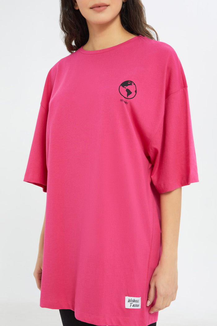 Redtag-Women-Fuschia-Oversized-Tee-Category:T-Shirts,-Colour:Fuchsia,-Deals:New-In,-Filter:Women's-Clothing,-H1:LWR,-H2:LAD,-H3:SPW,-H4:ATS,-New-In-Women-APL,-Non-Sale,-RMD,-S23B,-Season:S23B,-Section:Women,-Sustainable,-Women-T-Shirts-Women's-