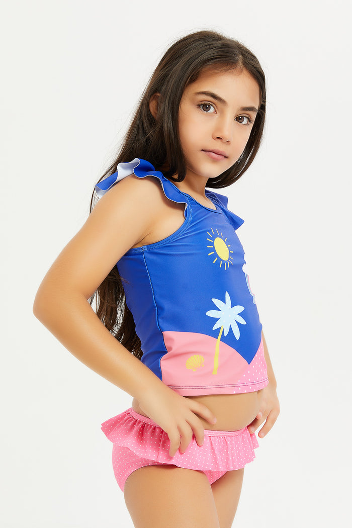 Redtag-Girls-Blue-Placement-Print-Two-Piece-Swimsuit-Category:Swimwear,-Colour:Blue,-Deals:New-In,-Filter:Girls-(2-to-8-Yrs),-GIR-Swimwear,-H1:KWR,-H2:GIR,-H3:SWM,-H4:SMS,-KWRGIRSWMSMS,-New-In-GIR-APL,-Non-Sale,-Packs,-S23C,-Season:S23C,-Section:Girls-(0-to-14Yrs),-Set:Set-of-2-Girls-2 to 8 Years