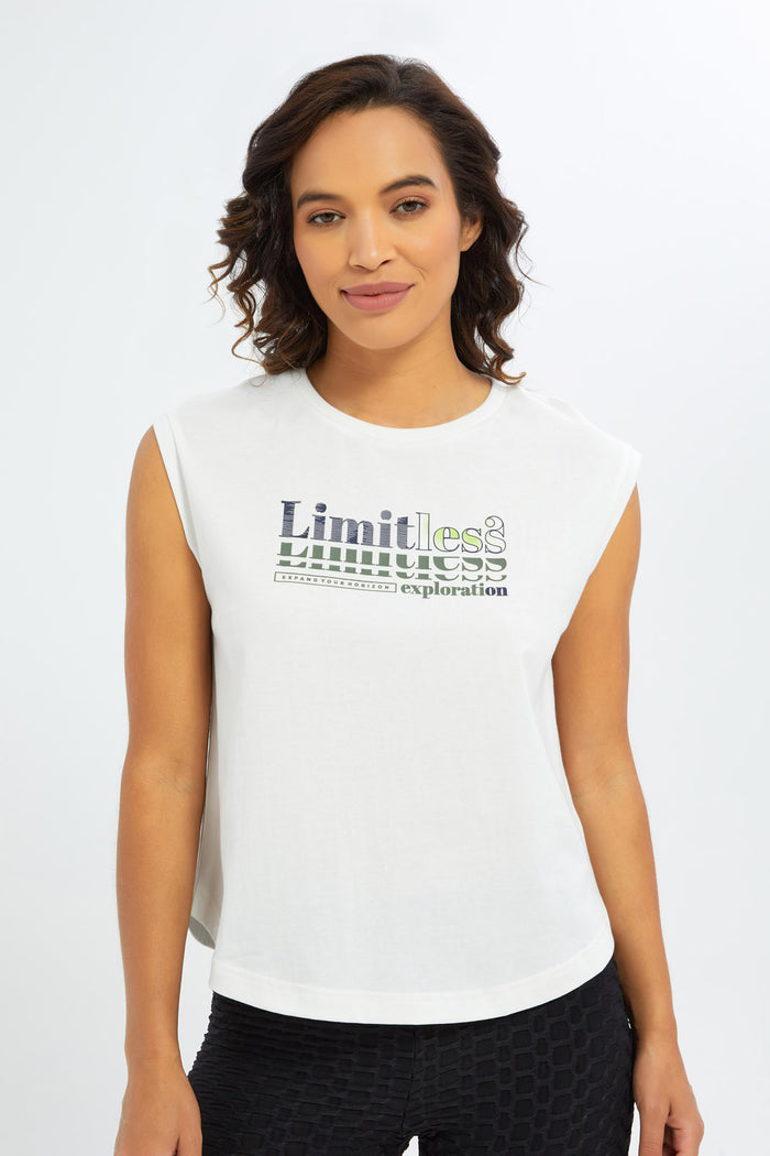 Redtag-Women-White-Sleevless-Active-T-Shirt-Category:T-Shirts,-Colour:White,-Deals:New-In,-Filter:Women's-Clothing,-H1:LWR,-H2:LAD,-H3:SPW,-H4:ATS,-New-In-Women-APL,-Non-Sale,-S23C,-Season:S23C,-Section:Women,-Women-T-Shirts-Women's-