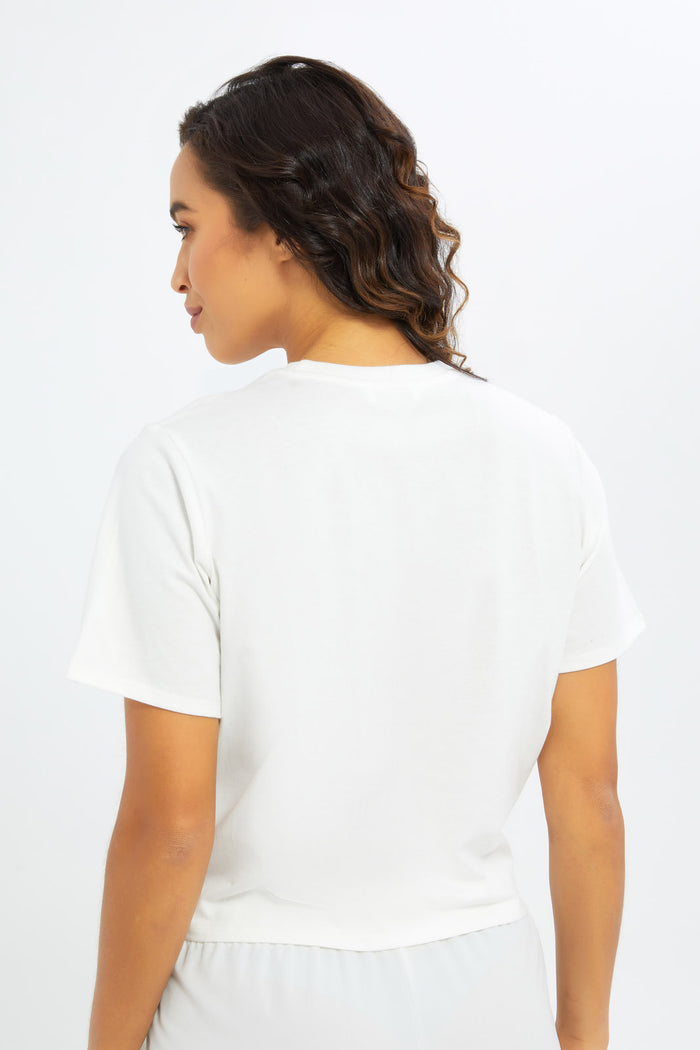 Redtag-Women-White-Placement-Print-T-Shirt-With-Knot-Details-Category:T-Shirts,-Colour:White,-Deals:New-In,-Filter:Women's-Clothing,-H1:LWR,-H2:LAD,-H3:SPW,-H4:ATS,-New-In-Women-APL,-Non-Sale,-S23C,-Season:S23C,-Section:Women,-Women-T-Shirts-Women's-