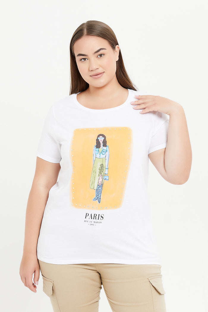 Redtag-Women-White-Embellished-Printed-T-Shirt-Category:T-Shirts,-Colour:White,-Deals:New-In,-Filter:Plus-Size,-H1:LWR,-H2:LDP,-H3:TSH,-H4:CAT,-LDP-T-Shirts,-LWRLDPTSHCAT,-New-In-LDP-APL,-Non-Sale,-ProductType:Graphic-T-Shirts,-Promo:TBL,-S23C,-Season:S23C,-Section:Women,-TBL-Women's-