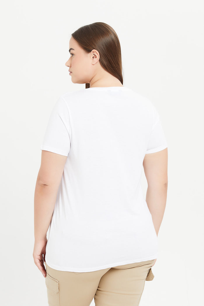 Redtag-Women-White-Embellished-Printed-T-Shirt-Category:T-Shirts,-Colour:White,-Deals:New-In,-Filter:Plus-Size,-H1:LWR,-H2:LDP,-H3:TSH,-H4:CAT,-LDP-T-Shirts,-LWRLDPTSHCAT,-New-In-LDP-APL,-Non-Sale,-ProductType:Graphic-T-Shirts,-Promo:TBL,-S23C,-Season:S23C,-Section:Women,-TBL-Women's-