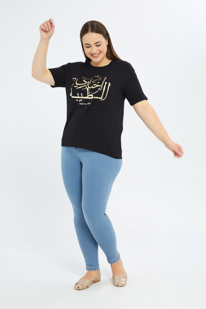 Redtag-Women-Black-Placement-Print-T-Shhirt-Category:T-Shirts,-Colour:Black,-Deals:New-In,-Event:,-Filter:Plus-Size,-H1:LWR,-H2:LDP,-H3:TSH,-H4:CAT,-LDP-T-Shirts,-New-In-LDP-APL,-Non-Sale,-Promo:,-RMD,-S23C,-Season:S23C,-Section:Women-Women's-