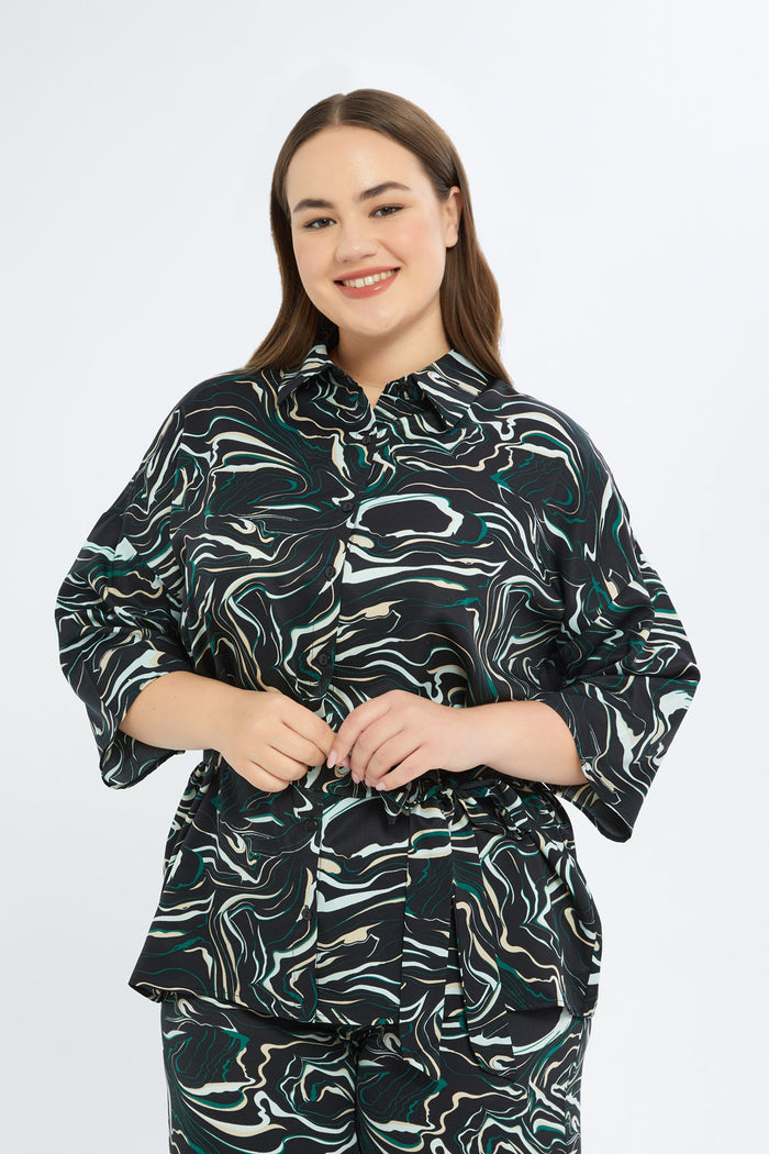 Redtag-Women-Black-All-Over-Print-Shirt-Collar-Belted-Top-Category:Blouses,-Colour:Assorted,-Deals:New-In,-Filter:Plus-Size,-H1:LWR,-H2:LDP,-H3:BLO,-H4:CBL,-LDP-Blouses,-New-In-LDP-APL,-Non-Sale,-RMD,-S23C,-Season:S23C,-Section:Women-Women's-