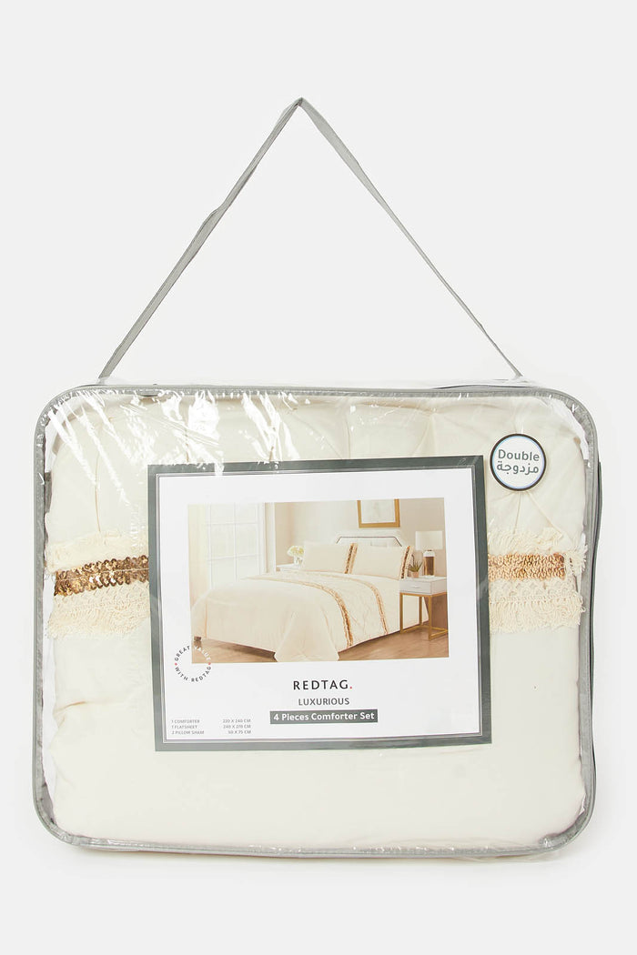 Redtag-Beige-4-Piece-Lace-Sequins-Comforter-Set-(Double-Size)-Category:Comforters,-Colour:Beige,-Deals:New-In,-Filter:Home-Bedroom,-H1:HMW,-H2:BED,-H3:BEN,-H4:COM,-HMW-BED-Comforters,-HMWBEDBENCOM,-New-In-HMW-BED,-Non-Sale,-ProductType:Comforters-Double-Size,-Promo:KYRA,-Season:W23O,-Section:Homewares,-Style:LUXURY,-W23O-Home-Bedroom-