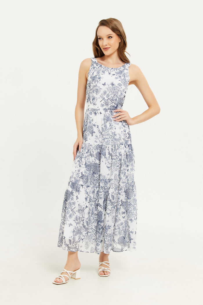 long blue dress with prints for women