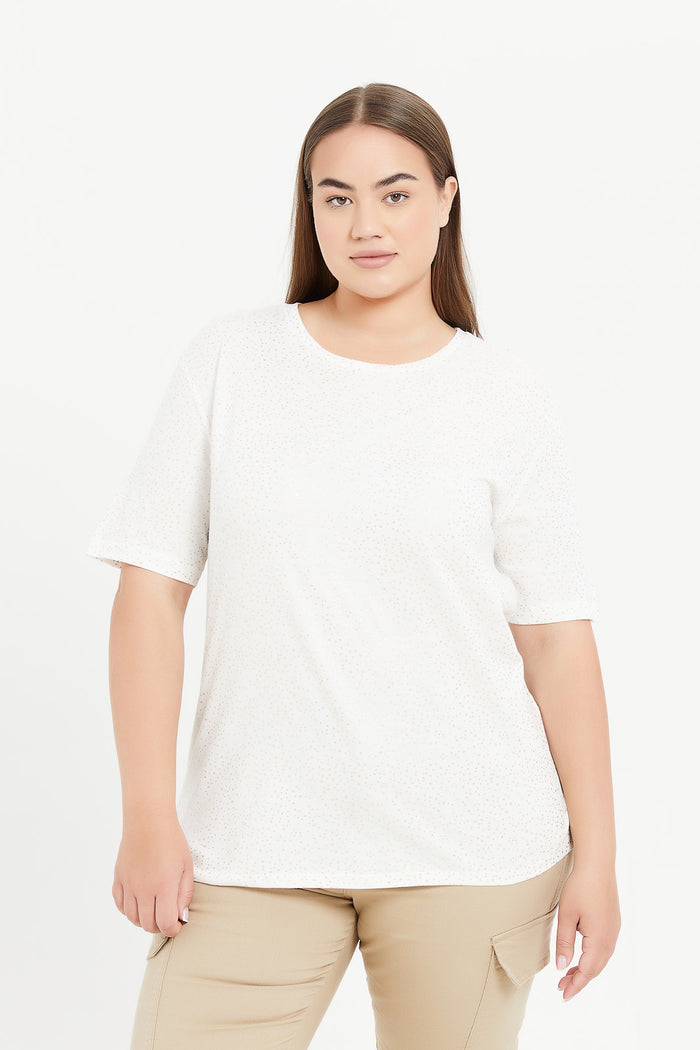 Redtag-Women-Gold-Foil-Print-T-Shirt-Category:T-Shirts,-Colour:Assorted,-Deals:New-In,-Filter:Plus-Size,-H1:LWR,-H2:LDP,-H3:TSH,-H4:CAT,-LDP-T-Shirts,-LWRLDPTSHCAT,-New-In-LDP-APL,-Non-Sale,-ProductType:All-Over-Prints-T-Shirts,-S23D,-Season:S23D,-Section:Women-Women's-
