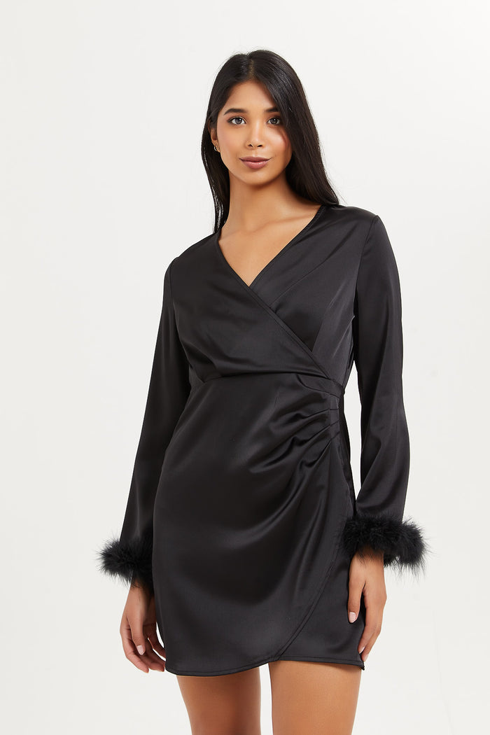 short black evening dress with feathers for women