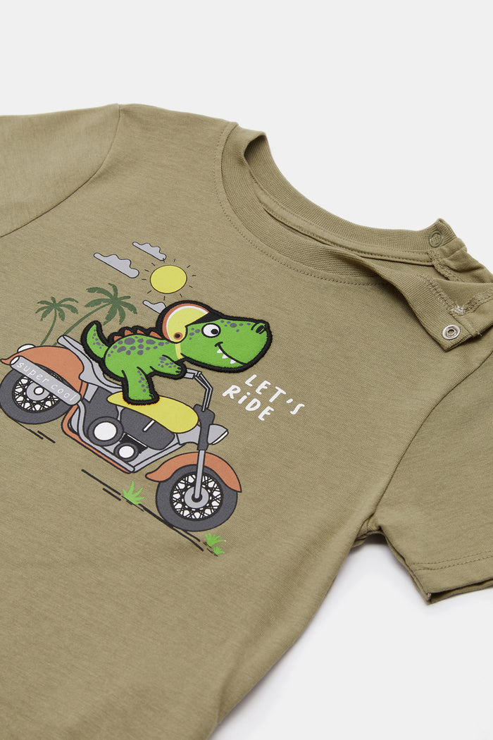 Redtag-Olive-Bike-Dino-With-Tee-With-White-Terry-Shorts-2-Pack-Set-Category:Sets,-Colour:Green,-Deals:New-In,-Filter:Infant-Boys-(3-to-24-Mths),-H1:KWR,-H2:INB,-H3:SET,-H4:CAE,-INB-Sets,-New-In-INB,-Non-Sale,-ProductType:Sets,-RMD,-S23D,-Season:S23D,-Section:Boys-(0-to-14Yrs)-Infant-Boys-3 to 24 Months