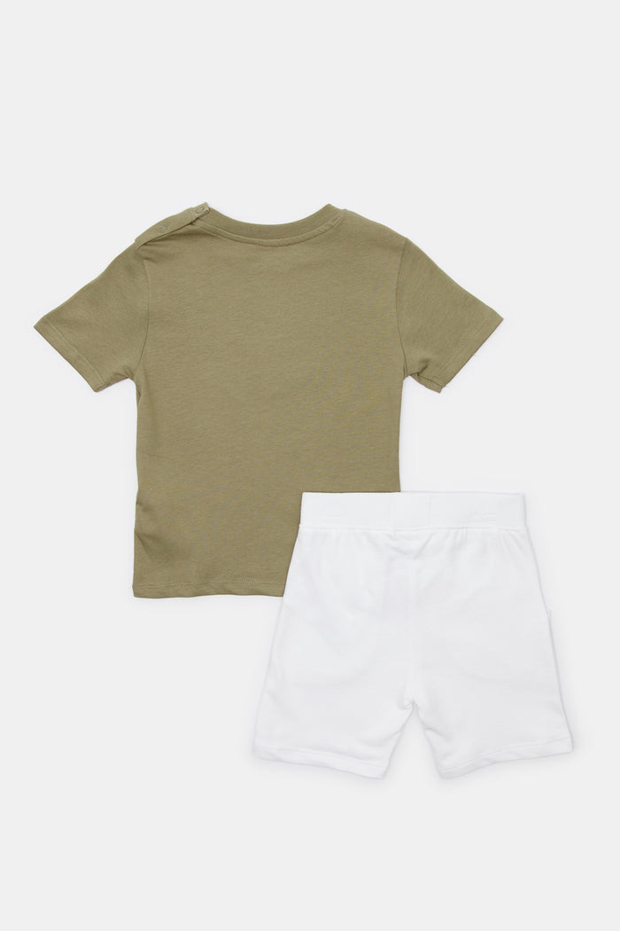 Redtag-Olive-Bike-Dino-With-Tee-With-White-Terry-Shorts-2-Pack-Set-Category:Sets,-Colour:Green,-Deals:New-In,-Filter:Infant-Boys-(3-to-24-Mths),-H1:KWR,-H2:INB,-H3:SET,-H4:CAE,-INB-Sets,-New-In-INB,-Non-Sale,-ProductType:Sets,-RMD,-S23D,-Season:S23D,-Section:Boys-(0-to-14Yrs)-Infant-Boys-3 to 24 Months