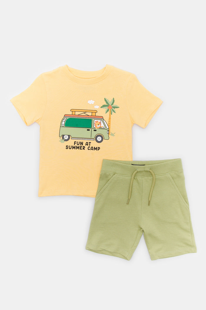 Redtag-Yellow-Car-Tshirt-With-Green-Terry-Shorts-2-Pk-Set-Category:Sets,-Colour:Yellow,-Deals:New-In,-Filter:Infant-Boys-(3-to-24-Mths),-H1:KWR,-H2:INB,-H3:SET,-H4:CAE,-INB-Sets,-New-In-INB,-Non-Sale,-ProductType:Sets,-RMD,-S23D,-Season:S23D,-Section:Boys-(0-to-14Yrs)-Infant-Boys-3 to 24 Months