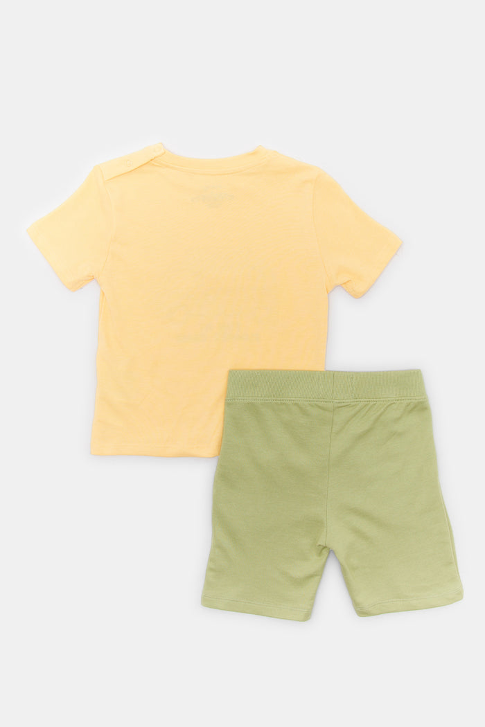 Redtag-Yellow-Car-Tshirt-With-Green-Terry-Shorts-2-Pk-Set-Category:Sets,-Colour:Yellow,-Deals:New-In,-Filter:Infant-Boys-(3-to-24-Mths),-H1:KWR,-H2:INB,-H3:SET,-H4:CAE,-INB-Sets,-New-In-INB,-Non-Sale,-ProductType:Sets,-RMD,-S23D,-Season:S23D,-Section:Boys-(0-to-14Yrs)-Infant-Boys-3 to 24 Months