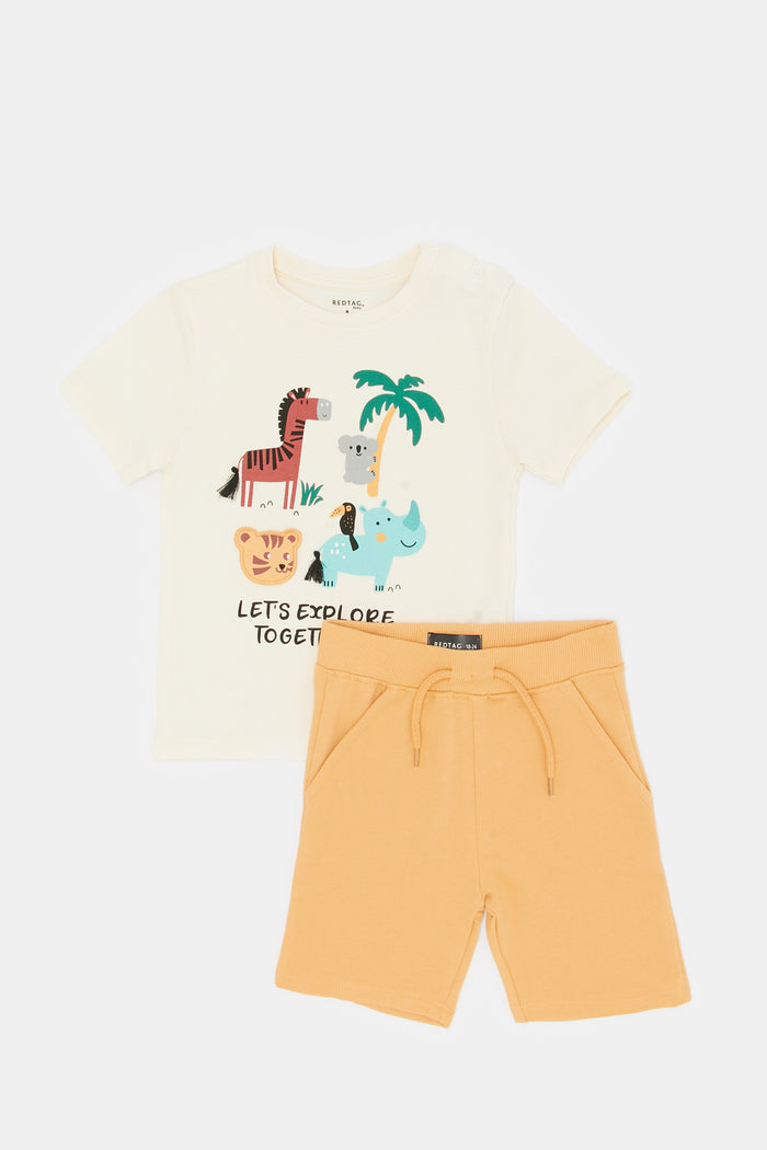 Redtag-Cream-Horse-Tee-With-Mustard-Terry-Shorts-Set-2-Pk-Category:Sets,-Colour:Cream,-Deals:New-In,-Filter:Infant-Boys-(3-to-24-Mths),-H1:KWR,-H2:INB,-H3:SET,-H4:CAE,-INB-Sets,-New-In-INB,-Non-Sale,-ProductType:Sets,-RMD,-S23D,-Season:S23D,-Section:Boys-(0-to-14Yrs)-Infant-Boys-3 to 24 Months