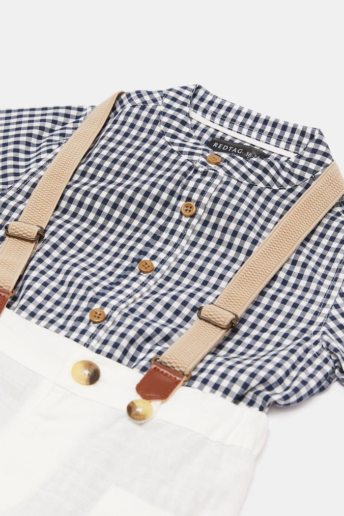 Redtag-Navy-Gingham-Ss-Shirts-With-White-Suspender-Short-2-Pack-Set-Category:Sets,-Colour:Navy,-Deals:New-In,-Filter:Infant-Boys-(3-to-24-Mths),-H1:KWR,-H2:INB,-H3:SET,-H4:CAE,-INB-Sets,-New-In-INB,-Non-Sale,-ProductType:Sets,-RMD,-S23D,-Season:S23D,-Section:Boys-(0-to-14Yrs)-Infant-Boys-3 to 24 Months
