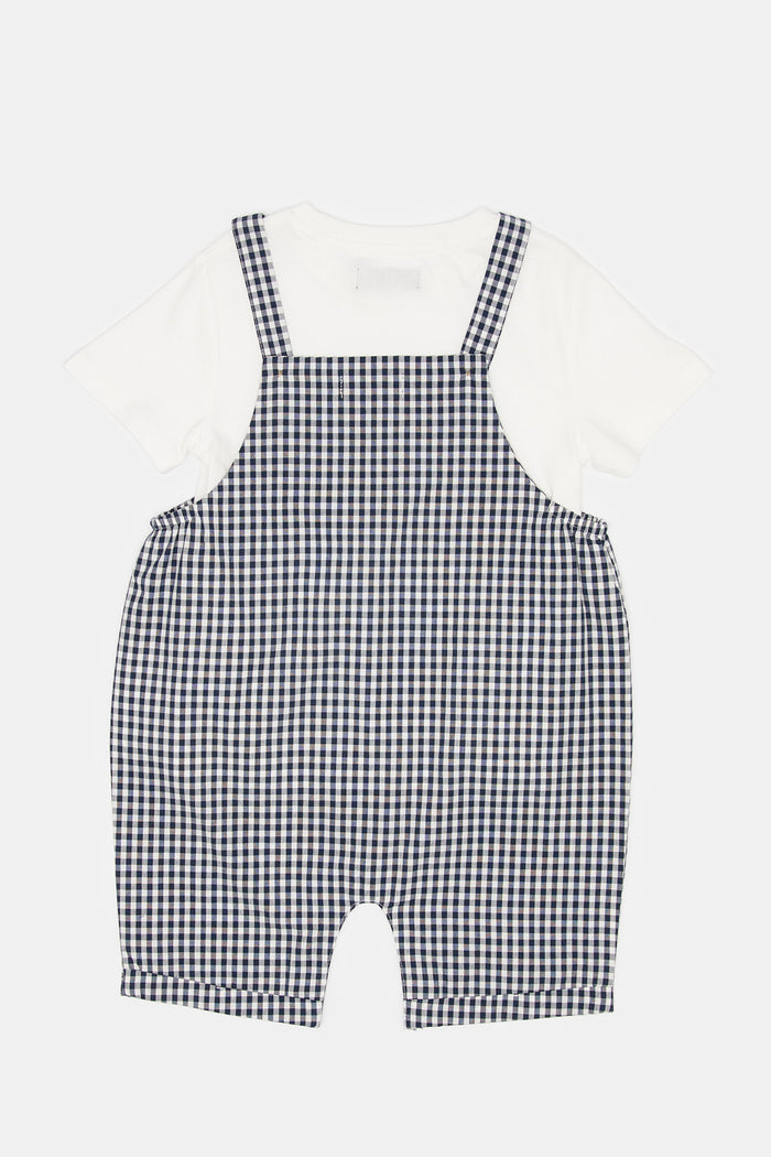 Redtag-Navy-Gingham-Dungaree-With-White-Tshirt-Category:Sets,-Colour:Navy,-Deals:New-In,-Filter:Infant-Boys-(3-to-24-Mths),-H1:KWR,-H2:INB,-H3:SET,-H4:CAE,-INB-Sets,-New-In-INB,-Non-Sale,-ProductType:Sets,-RMD,-S23D,-Season:S23D,-Section:Boys-(0-to-14Yrs)-Infant-Boys-3 to 24 Months
