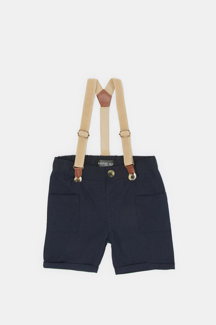 Redtag-Navy-Printed-Floral-Shirt-With-Blue-Suspender-Shorts-Category:Sets,-Colour:Navy,-Deals:New-In,-Filter:Infant-Boys-(3-to-24-Mths),-H1:KWR,-H2:INB,-H3:SET,-H4:CAE,-INB-Sets,-New-In-INB,-Non-Sale,-ProductType:Sets,-RMD,-S23D,-Season:S23D,-Section:Boys-(0-to-14Yrs)-Infant-Boys-3 to 24 Months