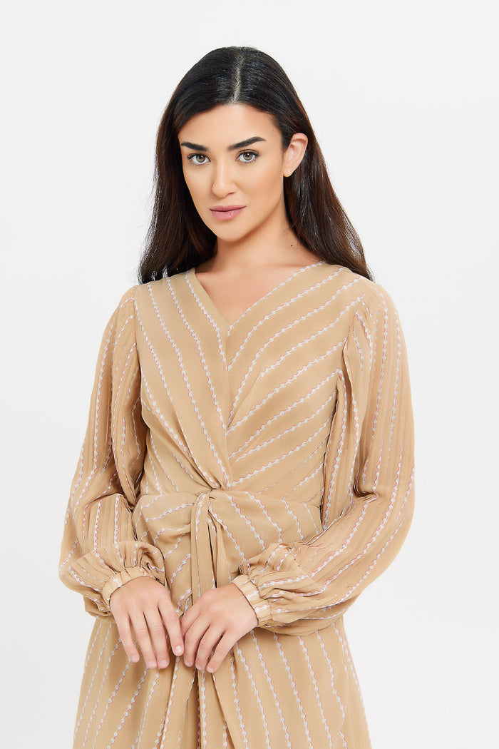 Redtag-Beige-Printed-Pleated-Flare-Dress-Category:Dresses,-Colour:Beige,-Deals:New-In,-Filter:Women's-Clothing,-H1:LWR,-H2:LDC,-H3:DRS,-H4:CAD,-LDC,-LDC-Dresses,-Maxi-Dress,-New-In-LDC,-Non-Sale,-ProductType:Dresses,-S23E,-Season:S23E,-Section:Women,-women-clothing,-women-dresses-Women's-