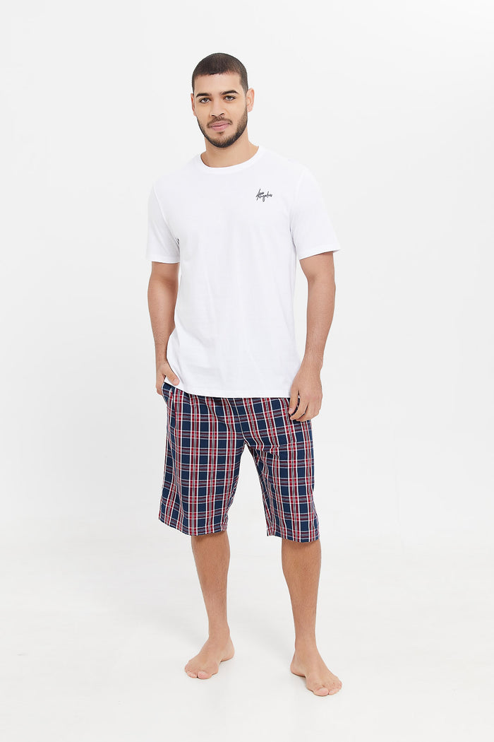 Redtag-White-Pyjama-Set-With-Check-Bottom-Shorts-Category:Pyjama-Sets,-Colour:White,-Deals:New-In,-Filter:Men's-Clothing,-H1:MWR,-H2:GEN,-H3:NWR,-H4:PJS,-Men-Pyjama-Sets,-New-In-Men,-Non-Sale,-ProductType:Pyjama-Sets,-S23E,-Season:S23E,-Section:Men-Men's-