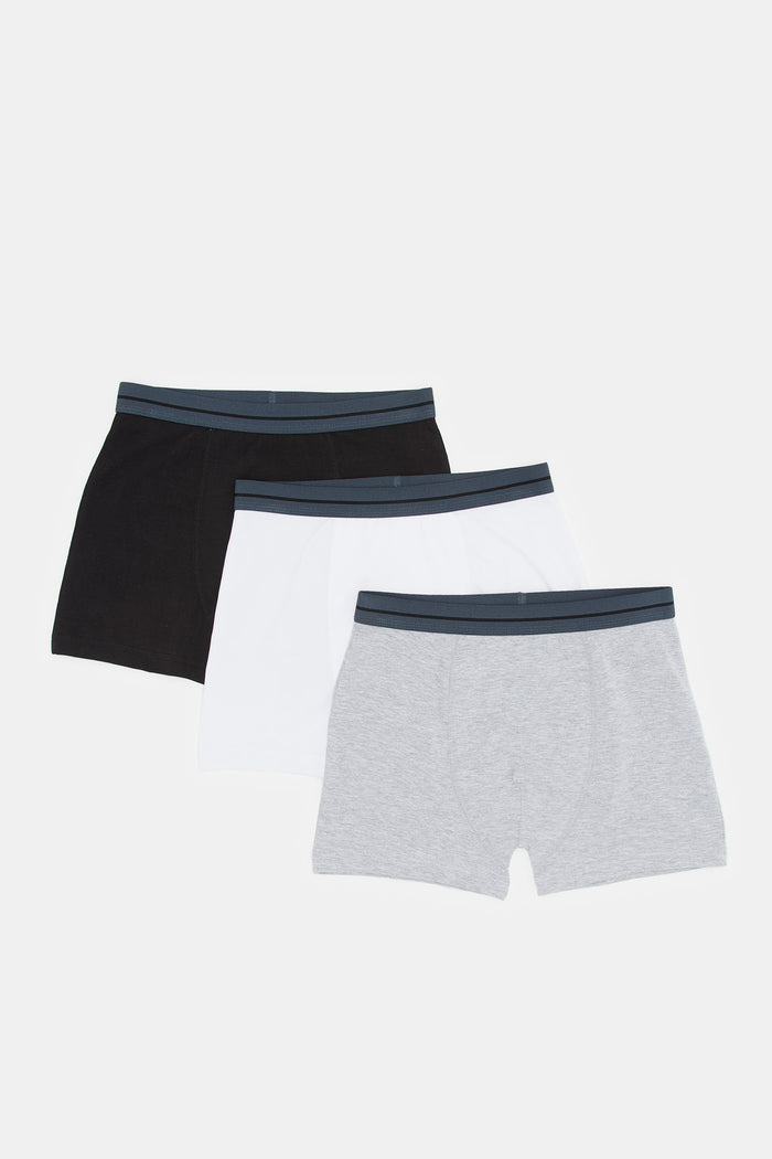Redtag-White/Black/Grey-Mel-3-Pcs-Pack-Boxer-Shorts-365,-BSR-Boxers,-Category:Boxers,-Colour:Assorted,-Deals:New-In,-ESS,-Filter:Senior-Boys-(8-to-14-Yrs),-H1:KWR,-H2:BSR,-H3:UNW,-H4:BXS,-KWRBSRUNWBXS,-New-In-BSR,-Non-Sale,-ProductType:Boxers,-Season:365365,-Section:Boys-(0-to-14Yrs)-Senior-Boys-9 to 14 Years