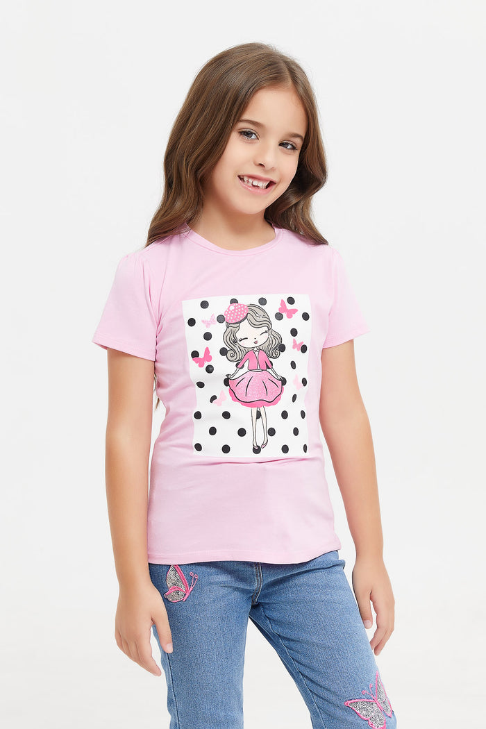 Redtag-Pink-Graphic-Print-T-Shirt-With-Glitter-Category:T-Shirts,-Colour:Pale-Pink,-Deals:New-In,-Filter:Girls-(2-to-8-Yrs),-GIR-T-Shirts,-H1:KWR,-H2:GIR,-H3:TSH,-H4:CAT,-KWRGIRTSHCAT,-New-In-GIR,-Non-Sale,-ProductType:Embellished-T-Shirts,-S23E,-Season:S23E,-Section:Girls-(0-to-14Yrs)-Girls-2 to 8 Years