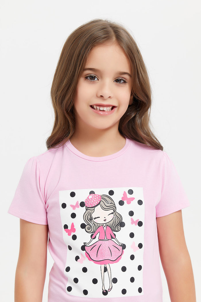 Redtag-Pink-Graphic-Print-T-Shirt-With-Glitter-Category:T-Shirts,-Colour:Pale-Pink,-Deals:New-In,-Filter:Girls-(2-to-8-Yrs),-GIR-T-Shirts,-H1:KWR,-H2:GIR,-H3:TSH,-H4:CAT,-KWRGIRTSHCAT,-New-In-GIR,-Non-Sale,-ProductType:Embellished-T-Shirts,-S23E,-Season:S23E,-Section:Girls-(0-to-14Yrs)-Girls-2 to 8 Years