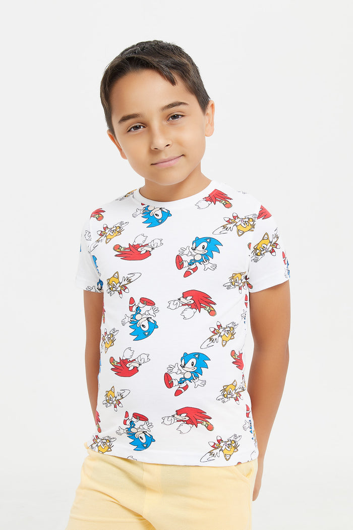 Redtag-White-Sonic-All-Over-Print-T-Shirt-BOY-T-Shirts,-Category:T-Shirts,-CHA,-Colour:White,-Deals:New-In,-Filter:Boys-(2-to-8-Yrs),-H1:KWR,-H2:BOY,-H3:TSH,-H4:TSH,-KWRBOYTSHTSH,-New-In-BOY,-Non-Sale,-ProductType:Character-T-Shirts,-S23E,-Season:S23E,-Section:Boys-(0-to-14Yrs)-Boys-2 to 8 Years