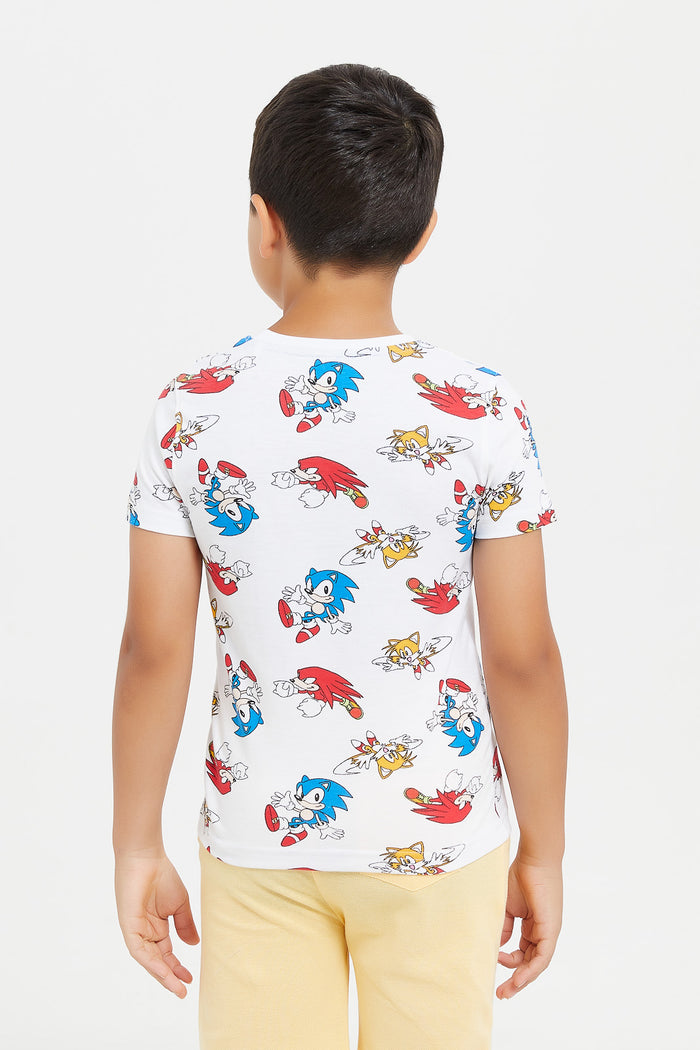 Redtag-White-Sonic-All-Over-Print-T-Shirt-BOY-T-Shirts,-Category:T-Shirts,-CHA,-Colour:White,-Deals:New-In,-Filter:Boys-(2-to-8-Yrs),-H1:KWR,-H2:BOY,-H3:TSH,-H4:TSH,-KWRBOYTSHTSH,-New-In-BOY,-Non-Sale,-ProductType:Character-T-Shirts,-S23E,-Season:S23E,-Section:Boys-(0-to-14Yrs)-Boys-2 to 8 Years