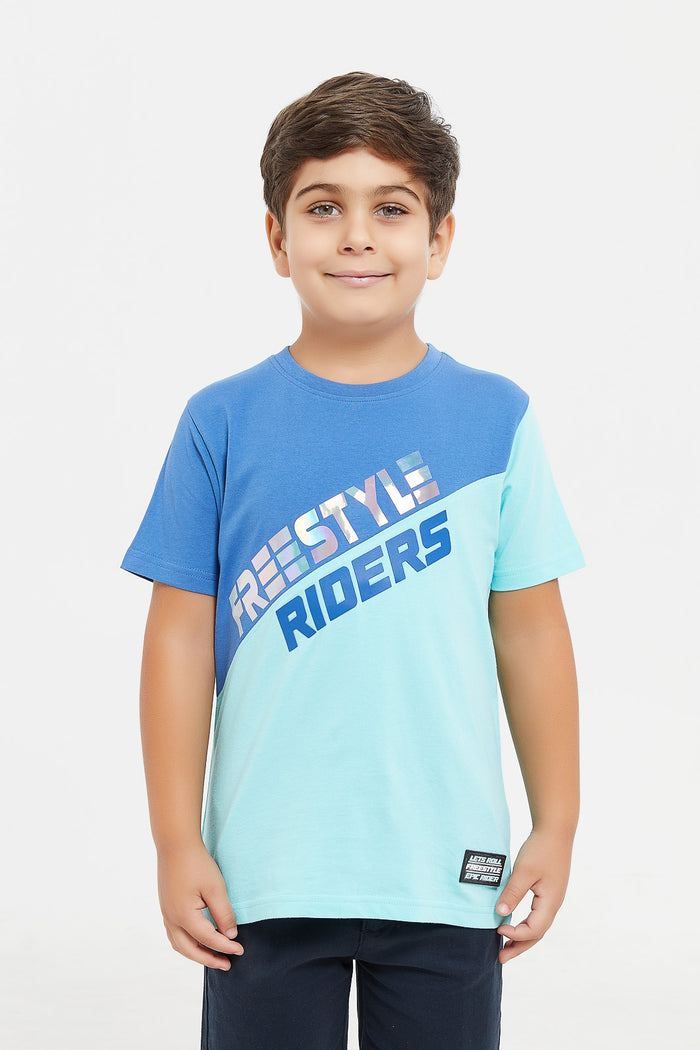 Redtag-Blue-Cut-And-Sew-Foil-Print-Fashion-Tee-BOY-T-Shirts,-Category:T-Shirts,-Colour:Blue,-Deals:New-In,-Filter:Boys-(2-to-8-Yrs),-H1:KWR,-H2:BOY,-H3:TSH,-H4:TSH,-KWRBOYTSHTSH,-New-In-BOY,-Non-Sale,-ProductType:Printed-T-Shirt,-S23E,-Season:S23E,-Section:Boys-(0-to-14Yrs)-Boys-2 to 8 Years